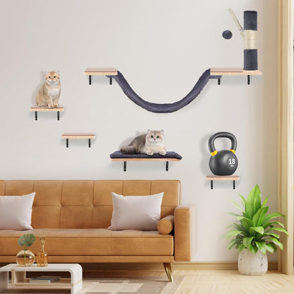 Wall Mounted Cat Climber Set, Cat Wall Shelves,Cat Wall Furniture Set,with Hammock,Jumping Boards,Sofa,Steps,Scratching Post,Hanging Ball and Felt Pads, Suit for Cats Climb, Jump,Scratch-Dark