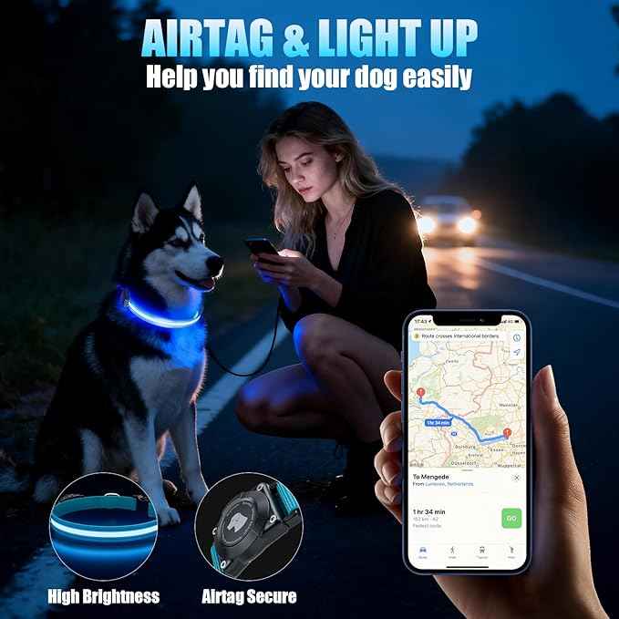 LED AirTag Dog Collar - Brightest Light Up Dog Collars - IP68 Waterproof Air Tag Dog Collar Holder - 1,600 Feet of High Visibility - Magnetic Charging - Dog Lights for Night Walking, Blue L