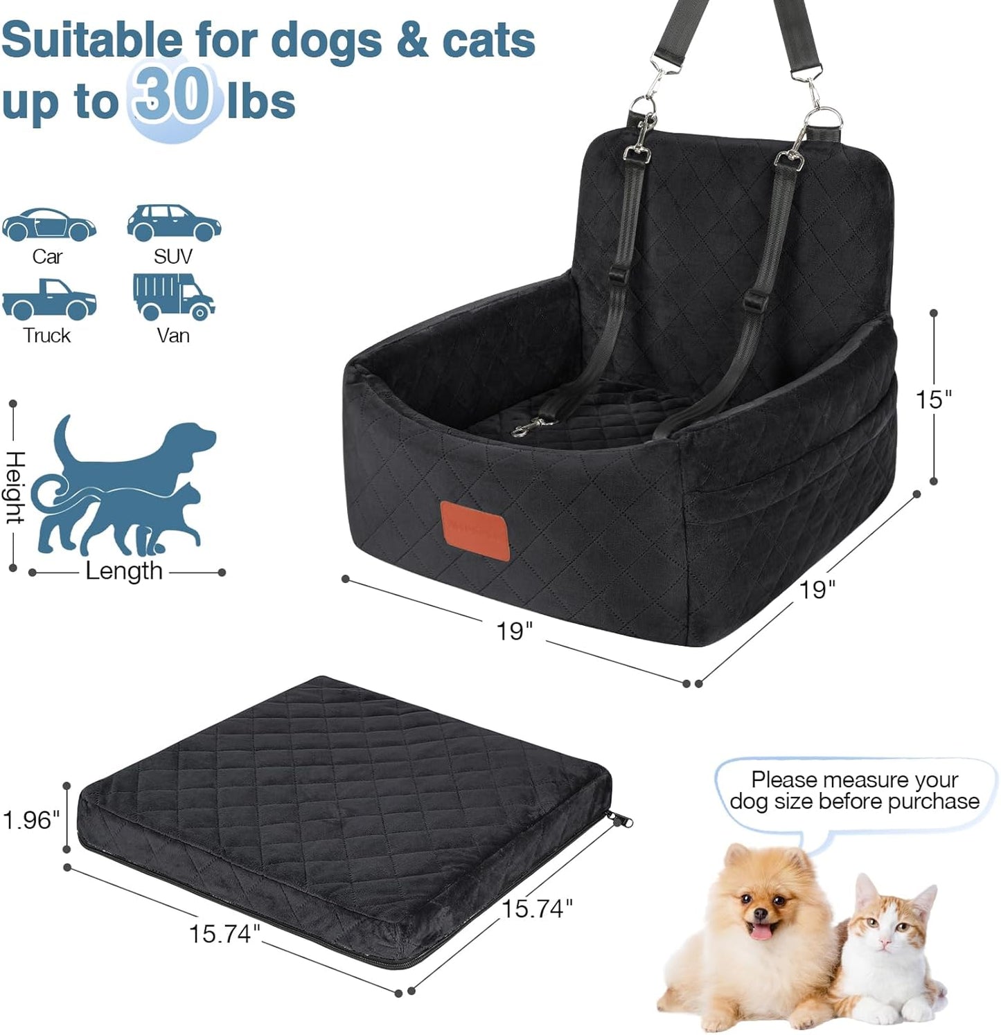 Dog Car Seat for Small Dogs Under 30lbs, Washable Pet Travel Car Bed with Memory Foam,Fully Detachable Cover,2 Storage Pockets & Safety Leash,Non-Slip Bottom(Black) - Pawvie