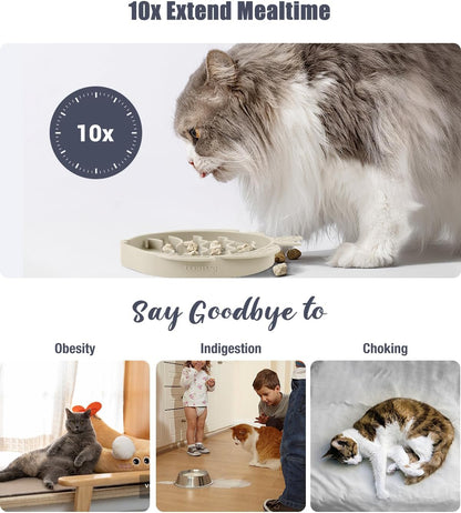 Coomazy 2-in-1 Silicone Slow Feeder Dog Cat Bowls, Lick Mat Interactive Puzzle Toy for Pets Food Training, Keeps Dogs Cats Busy, Prevents Puppy Kitty Overeating (Beige, 1.2 Cup)
