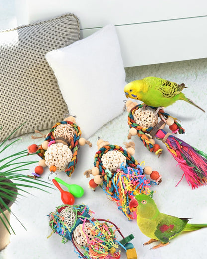 Bissap Conure Toys, 4 PCS Bird Parrot Foraging Shredder Hanging Toys Sola Balls with Sand Hammer for Small Parrots Parakeets Conures Cockatiels Love Birds Cage Toy