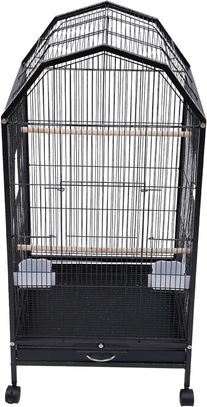 40-Inch Wrought Iron Bird Cage with Open-Top and Rolling Stand, Movable Parrot Cage Pet Bird Flight Cage, 360 Degree View Spacious Interactive Roof Pet Bird House for Medium&Small Birds