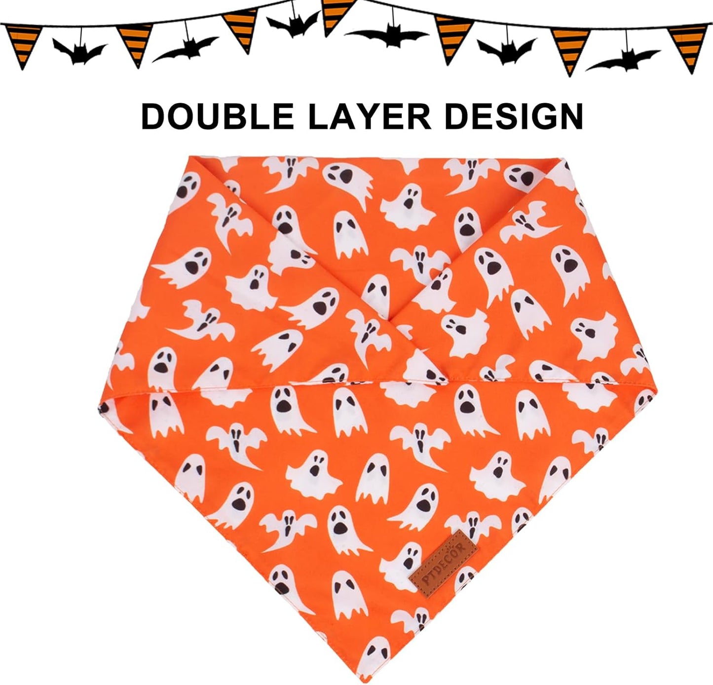 PTDECOR Halloween Dog Bandana, Reversible Holiday Pet Puppy Scarf, Multi Size, Triangle Halloween Bandanas for Extra Large Dogs Pets (Orange, X-Large)