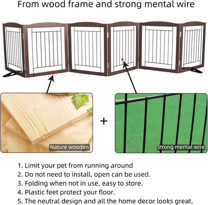 ZJSF Freestanding Dog Fence Indoor, Foldable Dog Gate for Doorways, Stairs or Hallways, Sturdy Wood Extra Wide Pet Gate with Support Feet for The House, Brown, 24 "Height-6 Panels