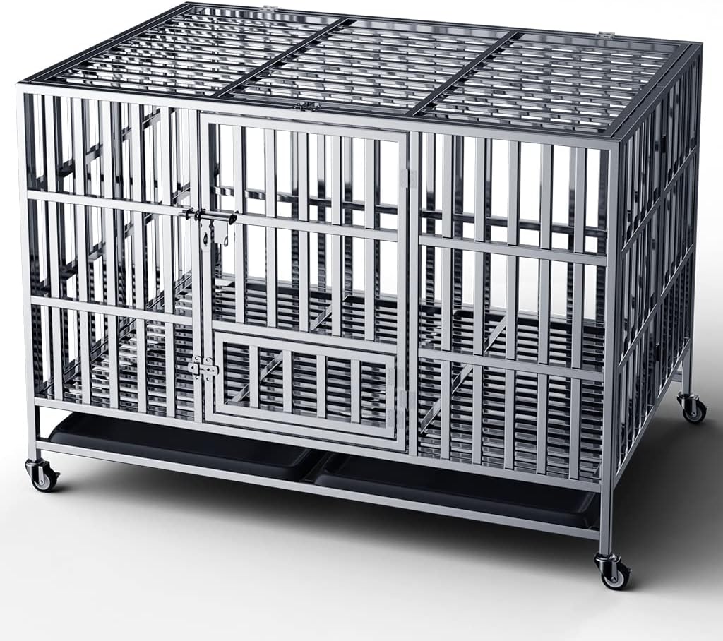 Collapsible Stainless Steel Dog Crate, 30" 37" 42" 48" Sizes, Lockable Wheel, with Tray, Stackable, Heavy Duty, Divider, Indoor and Outdoor (h-42in)
