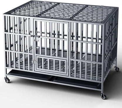 Collapsible Stainless Steel Dog Crate, 30" 37" 42" 48" Sizes, Lockable Wheel, with Tray, Stackable, Heavy Duty, Divider, Indoor and Outdoor (h-42in)