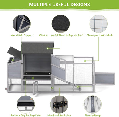 COZIWOW 82" Large Wooden Chicken Coop, Outdoor Rabbit Hutch, Guinea Pig Pet House with Wheels, Sunshine Board, Asphalt Roof, Ramp, Openable Top, Door, Window, Pull-Out Tray, Indoor Bunny Cage (Gray)