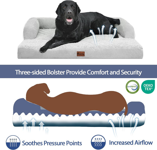 Orthopedic Dog Beds for Large Dogs, Waterproof Dog Beds, Memory Foam Dogs Couch Beds, Comfy Bolster Pet Bed with Removable Washable Cover, Nonskid Bottom (Large,Grey White)
