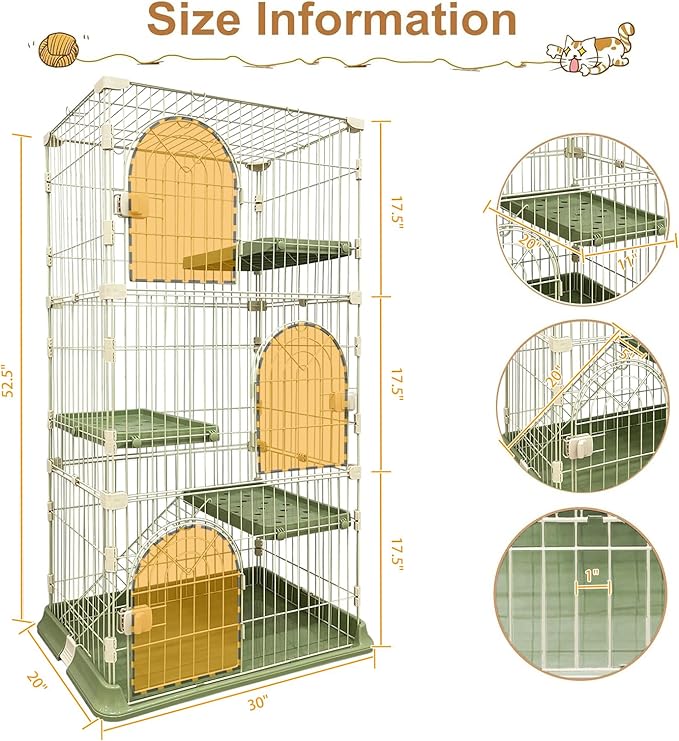 Cat Cage 3-Tier Indoor Cat Enclosure with Widen Bottom Buckle & Reinforced Locking Clamps DlY Cat Playpen for 2-3 Cats & Small Pets,30" Lx 20" W X 52.5" H (Green, Three-Tier52.5")