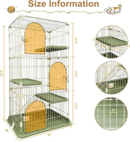 Cat Cage 3-Tier Indoor Cat Enclosure with Widen Bottom Buckle & Reinforced Locking Clamps DlY Cat Playpen for 2-3 Cats & Small Pets,30" Lx 20" W X 52.5" H (Green, Three-Tier52.5")