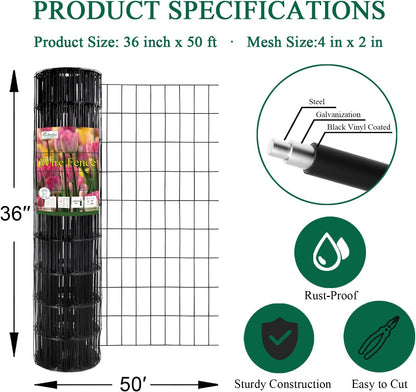 Black PVC Coated Welded Wire Fence 36 Inch x 50 Foot, 2 Inch x 4 Inch 15GA, Garden Border Fencing Roll Vinyl Coating Metal Wire Mesh Hardware Cloth for Yard Vegetable Plant Protection