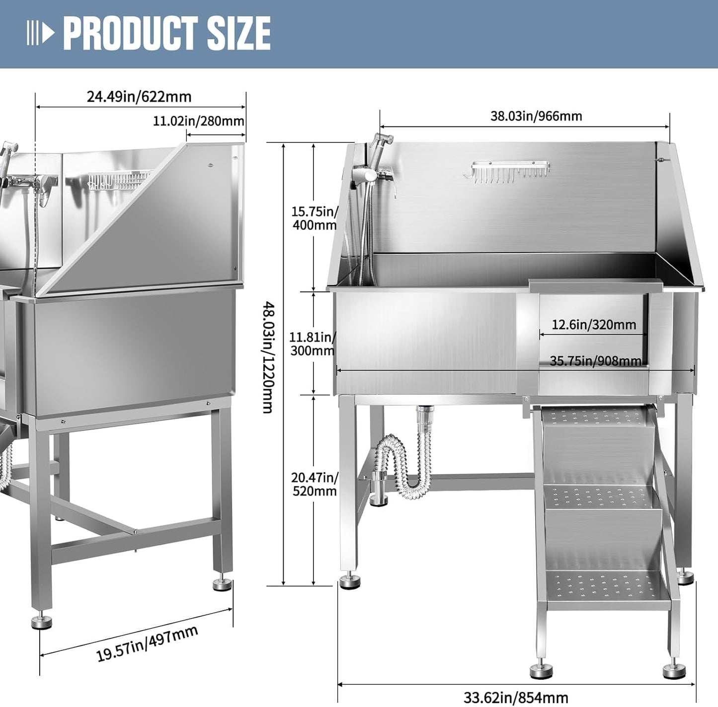 38" Pet Dog Bathing Station W/Ramp, Professional Stainless Steel Dog Grooming Tub W/Floor Grate, Faucet, Dog Bathtub for Large,Medium, Small Pets, Washing Sink for Home,R-RAMP