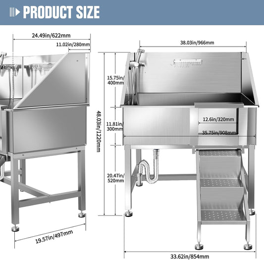 38" Dog Washing Station, Professional Stainless Steel Dog Bathing Station, Equipped with Three Anti-Slip Steps, Removable Door, Upgraded Spray Nozzle&Hose - Ideal for Home, Pet Grooming Salon,R-RAMP