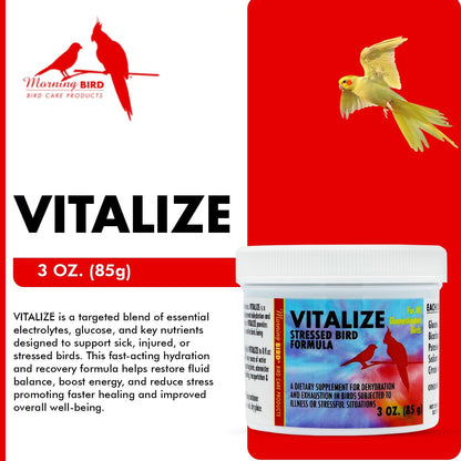 Morning Bird Vitalize, Supplement for Sick, Injured, or Stressed Caged Birds; Dehydration and Exhaustion Treatment for Parakeets, Cockatiels, Budgies, Finches, Canaries, and Parrots, 3 oz