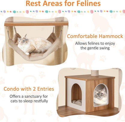 PETSITE 68 Inch Modern Tall Cat Tree for Indoor Cats, Multi-Level Wooden Cat Tree Tower with Sisal Scratching Posts, 3 Top Perches, Cat Condo, Comfy Hammock, Sisal Ramp, and Jingling Balls
