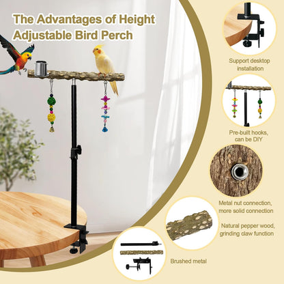 18-27 Inch Height Adjustable Bird Perch Pepper Wood Desktop Bird Training Perch Stand with Feeding Cups and Swing Toy Parakeet Perches Indoor and Outdoor Parrot Stand for Small to Medium Birds