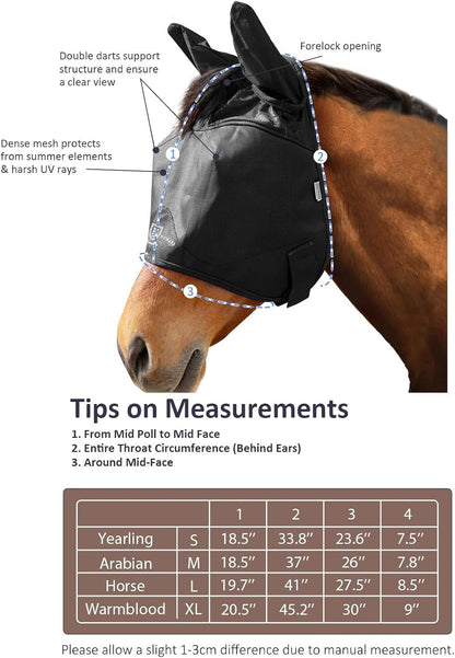 Harrison Howard UV-proof Multi-Function Fabrics Thick Fleece Padding Horse Fly Mask Half Face with Ears Black Horse Large