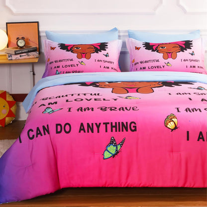 7 Piece Black Girls Magic Comforter Sets Queen Size African American Girl Bedding Set Bed in A Bag for Girls Kids Teens Inspirational Quotes Pink Blue Quilts Room Decor