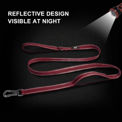 TwoEar 5FT 1IN Strong Red Dog Leash with 2 Padded Handles, Traffic Handle Extra Control, Comfortable Soft Dual Handle, Auto Lock Hook, Reflective Walking Lead for Small Medium and Large Dogs