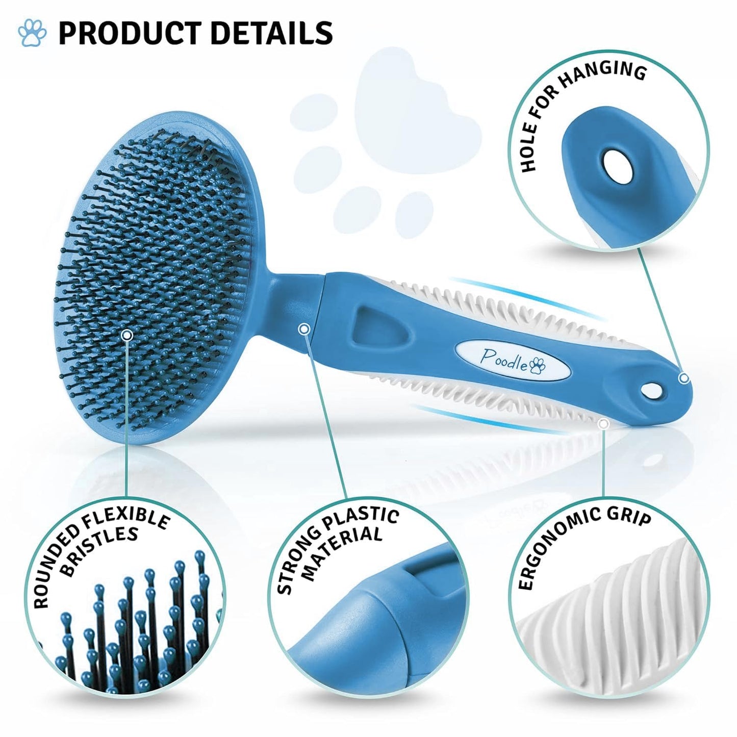 Round Bristle Pet Brush for Dogs and Cats - Soft Dog Brush for Grooming Short or Long Hair - Gentle Tool for Sensitive Skin Removes Dander, Dirt, and Detangles (Blue)
