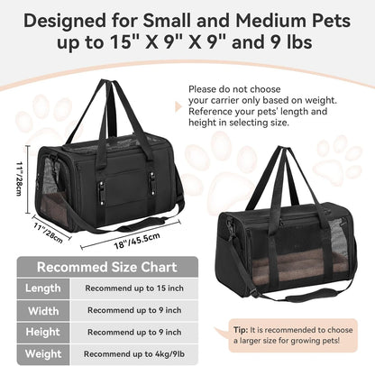 PETSFIT Soft-Sided Cat Carriers & Car Seats with Patent Safe Buckles, Clip-On Harness, 18"x11"x11" Airline Approved Pet Carrier - 9 lbs Capacity (Black)