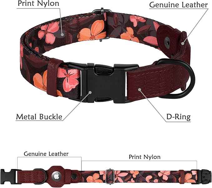 AirTag Dog Collar with Metal Buckle - Printed Nylon Soft Leather Dog Collar with Apple AirTag Holder - Secure Tracking GPS Pet Collars for Girl Boy Small Large Dogs (L, 17"-21" Neck Fit, Crossandra)