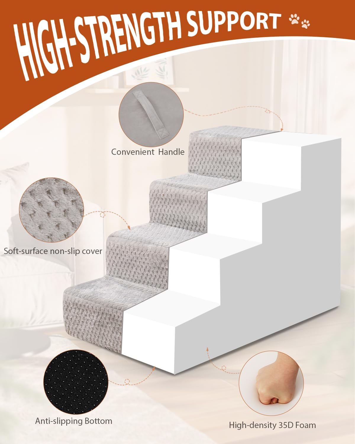 Dog Stairs for Small Dogs,13" H,3-Step Dog Steps for High Bed,Couch,Pet Stairs for Dogs and Cats Climbing with Non-Slip Bottom and Washable Cover,Light Grey