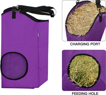3 Packs Goat Hay Feeder,Hay Bags for Goats,Horses,Sheep,Premium 600D Oxford Cloth,with Metal Fastener and Adjustable Open Feed Hole for Slow Feeding. (2Purple + 1Black)
