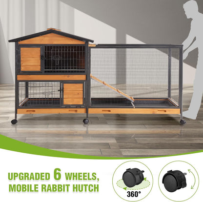 GUTINNEEN 2-Story Rabbit Hutch with Chew-Proof Full Metal Frame for Indoor/Outdoor - 62" Bunny Cage with 6 Locking Casters & 2 Pull-Out Trays for Rabbits, Guinea Pigs, Small Pets (Brown)