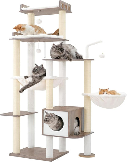 Heybly Cat Tree, 70.5 Inch Wood Tall Cat Tower for Large Indoor Cats with Extra Stable Structure, Modern Cat Furniture with All-Sisal Scratching Posts, Cat Condo & Hammocks, Greige HCT121SG