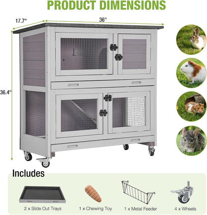 Gutinneen 2-Story Rabbit Hutch with Chew-Proof Ramp, 36" Indoor/Outdoor Rabbit Cage with 4 Casters & 2 Pull-Out Trays, Wooden Bunny Hutch Leakproof Small Animal Cage for Rabbits, Guinea Pigs