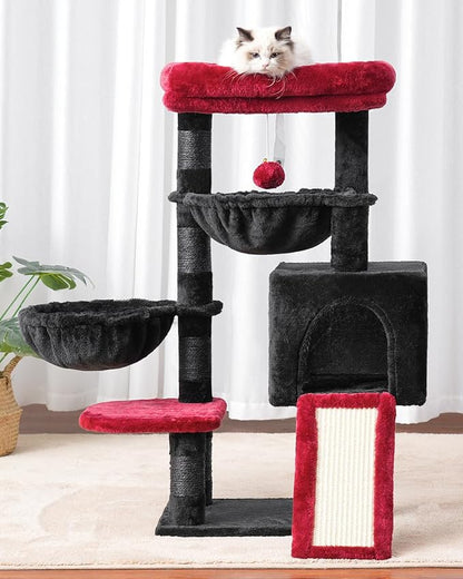 Hey-brother Gothic Cat Tree, Cat Tower for Indoor Cats, Cat House with Large Padded Bed, Cozy Condo, Hammocks, Sisal Scratching Posts, Big Scratcher, Black and Red MPJ006SBR