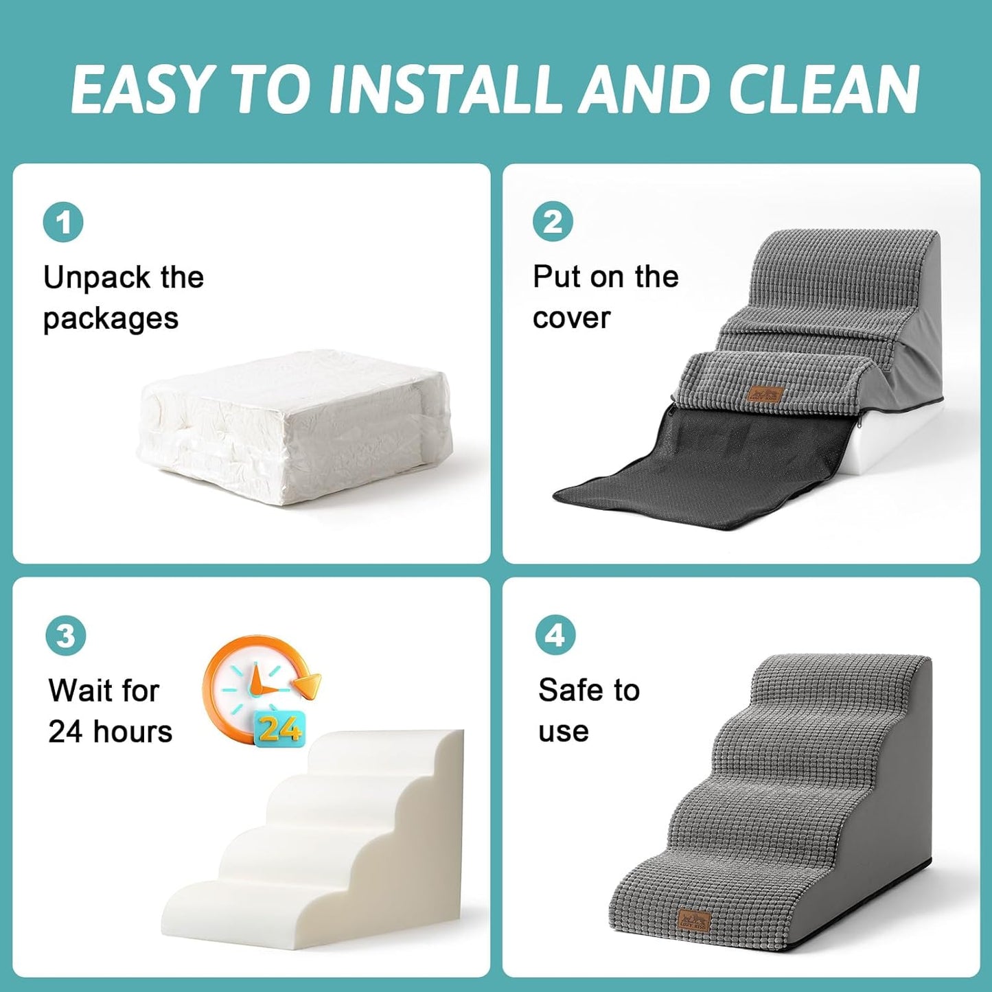 Dog Stairs for Small Dogs 19.7" H, Curved Dog Step for Puppy, Older or Cat, Medium Pet Ramp for Sofa, Couch or Bed, Ladder with High Density Foam, 15.7x28.3x19.7 inch, 4 Step, Light Grey - Pawvie
