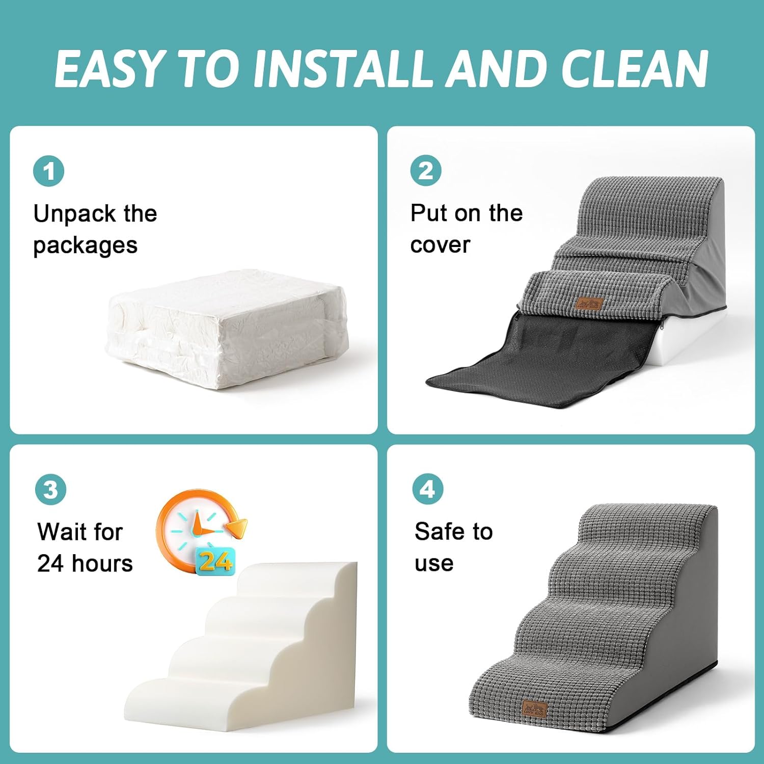 Dog Stairs for Small Dogs 15.7" H, Curved Dog Step for Puppy, Older Cat, Medium Pet Ramp for Sofa, Couch or Chair, Ladder with High Density Foam, 15.7x22.4x15.7 inch, 3 Step, Light Grey - Pawvie