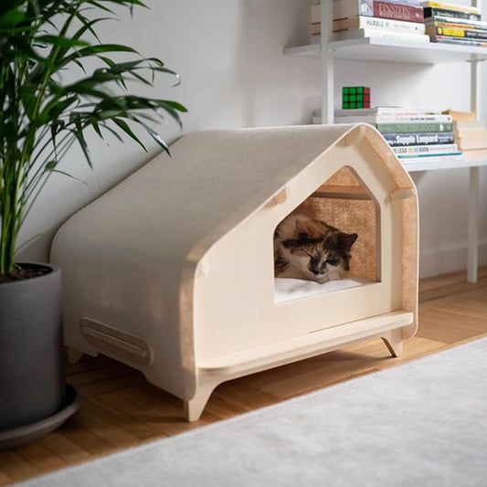 RAWRY Cat House – Covered Indoor Pet Bed with Cushion & Scratcher | Wood Cat Scratcher House for Cats, Kittens, Small Dogs