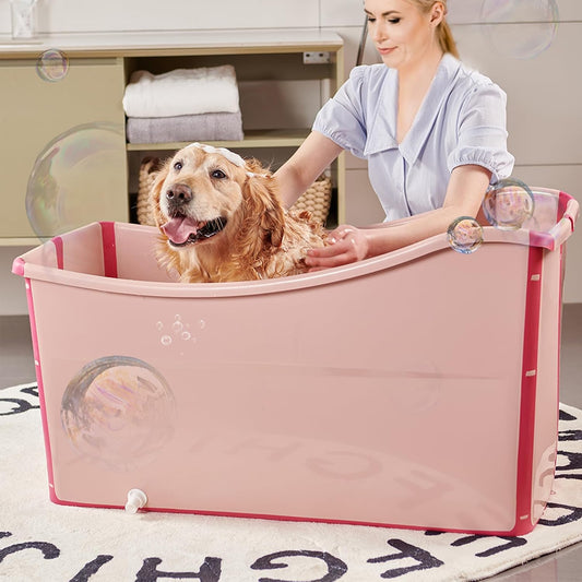 Portable Dog Bathtub for Large Dogs - 48.4Gal Foldable Pet Wash Station with Drain Plug, Insulated & Non-Slip Design for Indoor/Outdoor Bathing, Grooming, Camping(Pink)