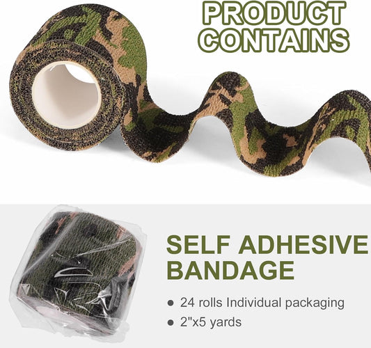 24 Pack Camo Self Adhesive Wrap, 2” x 5 Yards Vet Wrap Cohesive Camo Grip Tape Medical Wrap Self Adherent for Ankle, Wrist Sprains, Pet First Aid