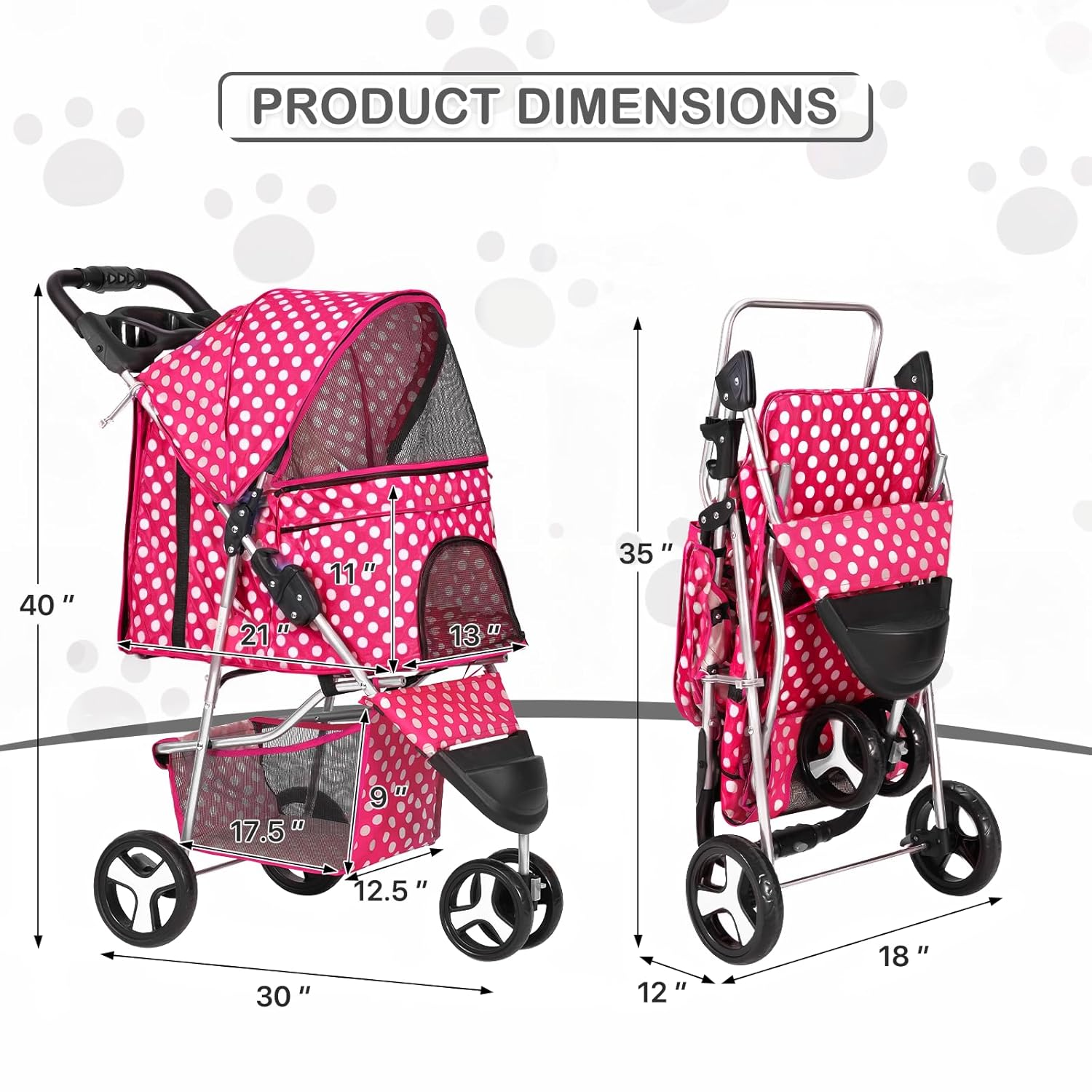 MoNiBloom 3 Wheels Pet Dog Cat Stroller for Small Medium Dogs Cats, Foldable Jogger Stroller w/Storage Basket and Cup Holder, Hot Pink Polka Dots - Pawvie