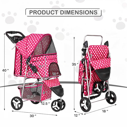MoNiBloom 3 Wheels Pet Dog Cat Stroller for Small Medium Dogs Cats, Foldable Jogger Stroller w/Storage Basket and Cup Holder, Hot Pink Polka Dots - Pawvie