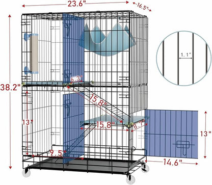 3-Tier Cat Cage Indoor: Medium Cat Enclosure Pet Playpen Detachable Metal Wire Kennel Collapsible Crate with Scratching Post & Plush Pads & Hammock for Cats Kittens