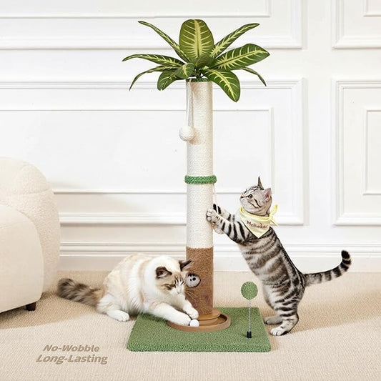 Tall Cat Scratching Post Vertical Pole for Indoor, 35" Palm Tree Sisal Scratch Post for Large Cats Kittens, Heavy Duty Wooden Carpet Pole with Ball Track Leaves, Furniture Protection