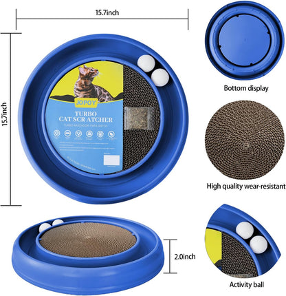 Interactive Cat Scratcher with Two Rotating Balls,Durable Scratch Pad for Indoor Play,Cardboard Cat Scratcher Pad with Cat Toy Ball Track and Catnip,2-in-1 Cat Toy (Blue)