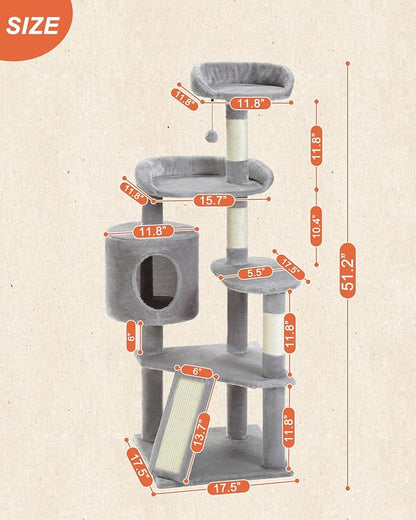 Multi-Level Cat Tree Tower for Indoor Cats, 51.2” Tall Cat Condo with Plush Perch, Scratching Posts & Cozy Hammock, Stable Cat Climbing Tower for Large Cats and Kittens