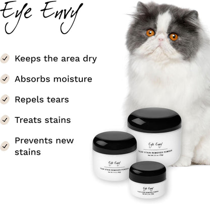 Eye Envy Tear Stain Remover Powder for Dogs and Cats. 100% Natural, Safe. Apply Around Eyes. Absorbs and Repels Tears. Keeps Area Dry. Treats The Cause of Staining. Made in The USA. (.5 oz)