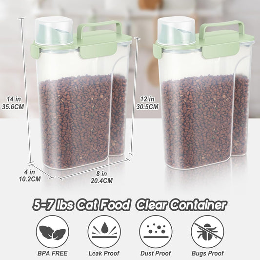 5-7Lbs Dog Cat Food Storage Container with Upgraded Large Nozzle BPA-free, 4 Snap Seals Plastic Pet Food Storage Containers with Handles (2, Light Green, 5L)
