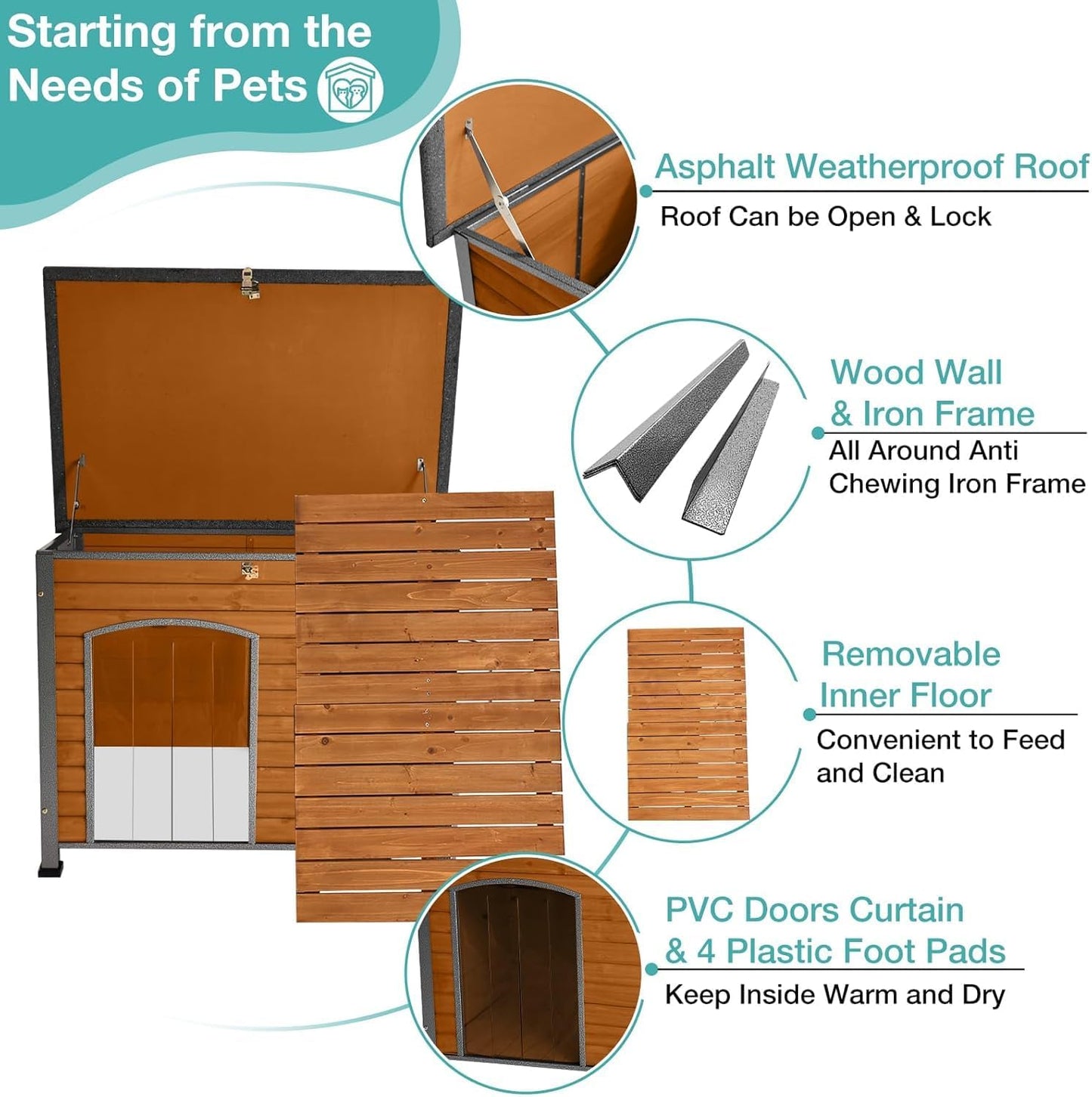Feral Dog House Outdoor,Anti Bite Iron Frame Dog Kennel,Wood Warm Pets Home,Insulated Weatherproof Outside Shelter for Feral Animal (43.3" (L) x 29.4" (W) x 33.4" (H)-Brown-in)