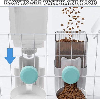 kathson Rabbit Gravity Auto Feeder Set 35oz Hanging Automatic Food Water Dispenser Cage Automatic Feeder Set for Rabbit Chinchilla Guinea Pig Hedgehog Ferret Kitty Puppy (Blue)