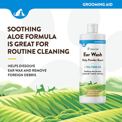 NaturVet Ear Wash Liquid Supplement for Dogs & Cats – Pet Health Supplement Cleans Dog, Cat Ear Canals – Includes Aloe, Tea Tree Oil – Helps Remove Pet Ear Wax, Dirt, Debris – 16 Oz.