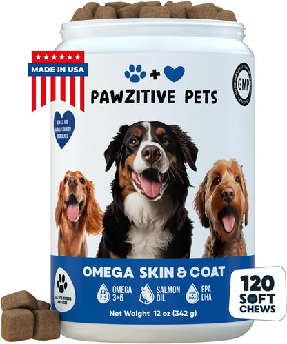 Chews for Dogs, Omega 3 Fish Oil - Dog Coat & Skin Supplement - USA Product - Itch Relief, Hot Spot Treatment - Salmon Oil for Dogs - 120 Soft Treats - Itching Skin Relief, Shedding, Hip & Joint