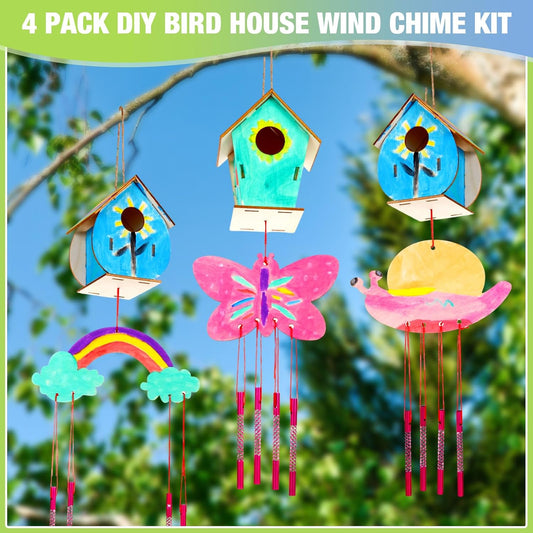 30 Pcs Crafts DIY Bird House Wind Chime Kit Unfinished Wood Birdhouse Kits 12 Wooden Birdhouses & 18 Wind Chimes Build and Paint Birdhouses Bulk Crafts Set